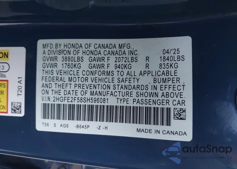 2025 Honda Civic Sport from USA, damaged, VIN 2HGFE2F58SH596081